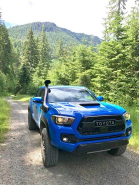 The 2019 Toyota Tacoma TRD Pro 4x4 off-roading near Mt. Rainier in Washington state.